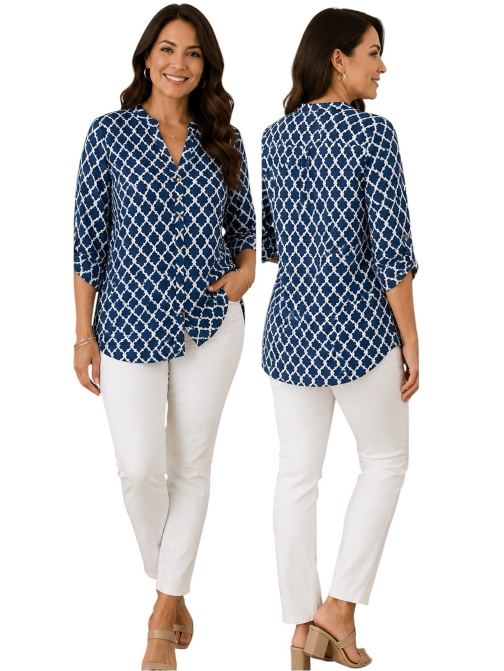 Charter Club Blue White Geometric Button Blouse 2X Plus Size